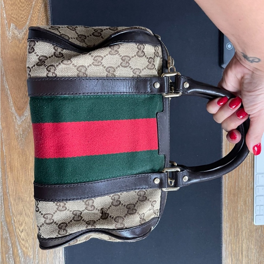 Gucci Cream and Brown Handbag with Stripes-Authentic Gucci Vintage Bag